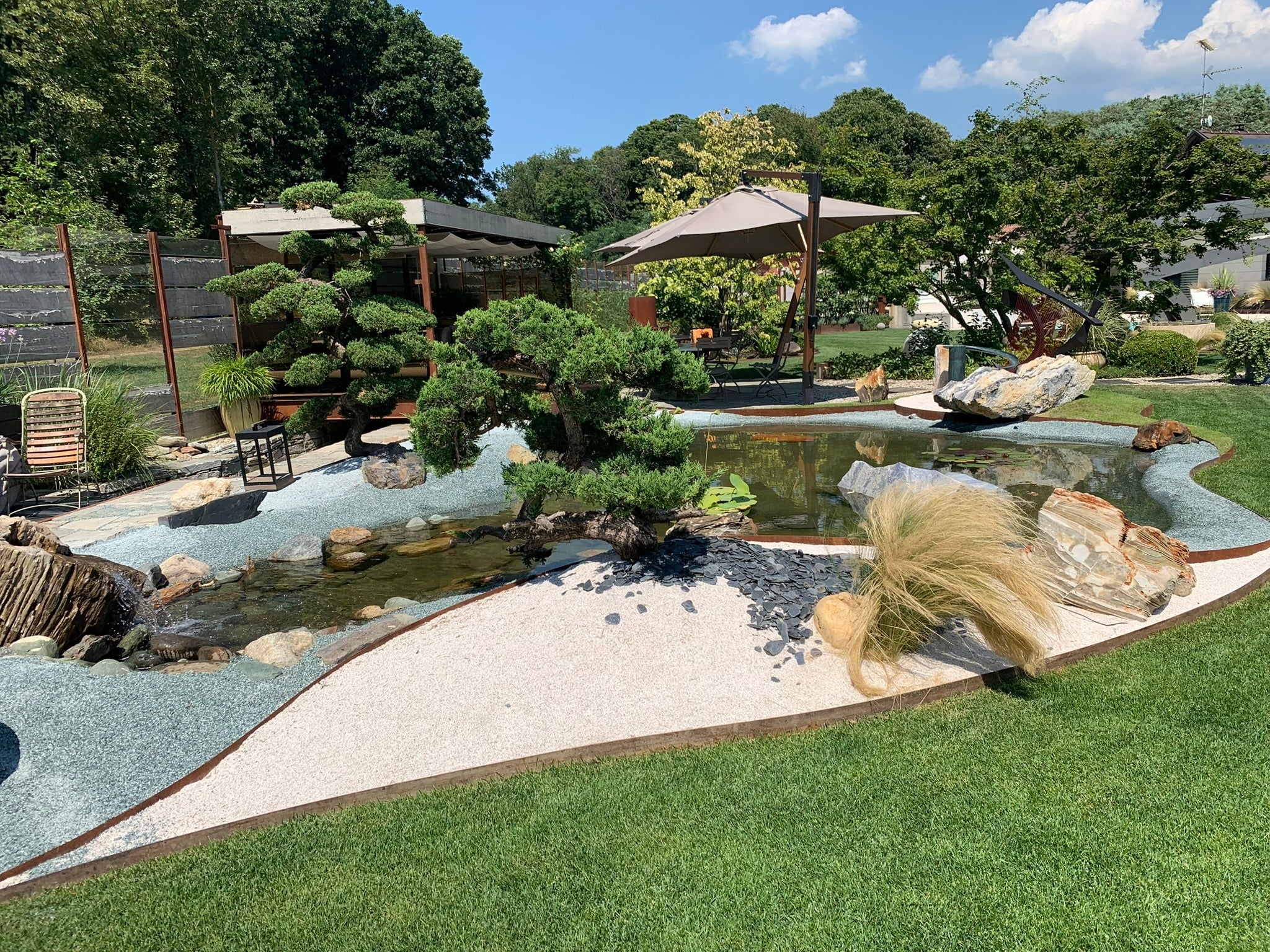 Koi Pond con piante acquatiche nel giardino di casa
