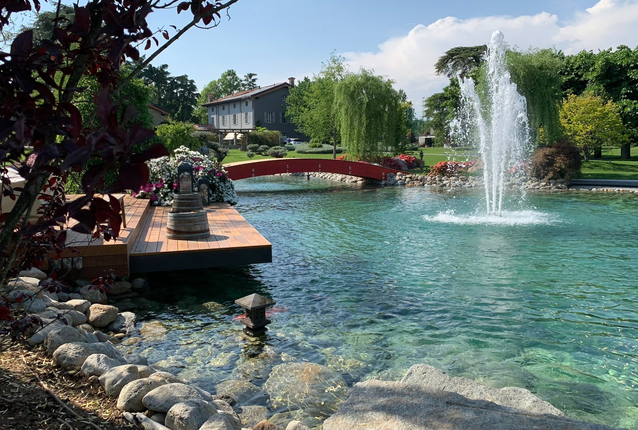 Koin Pond enorme con fontana, ponticello, palco e piante